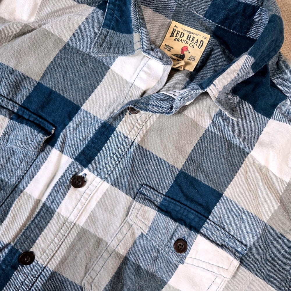Red Head Brand Co. Blue Gray Plaid Flannel Shirt Mens‎ Large Pockets Long Sleeve